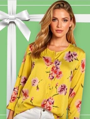 Escio Floral Beaded Button-Front Vibrant Yellow Cardigan